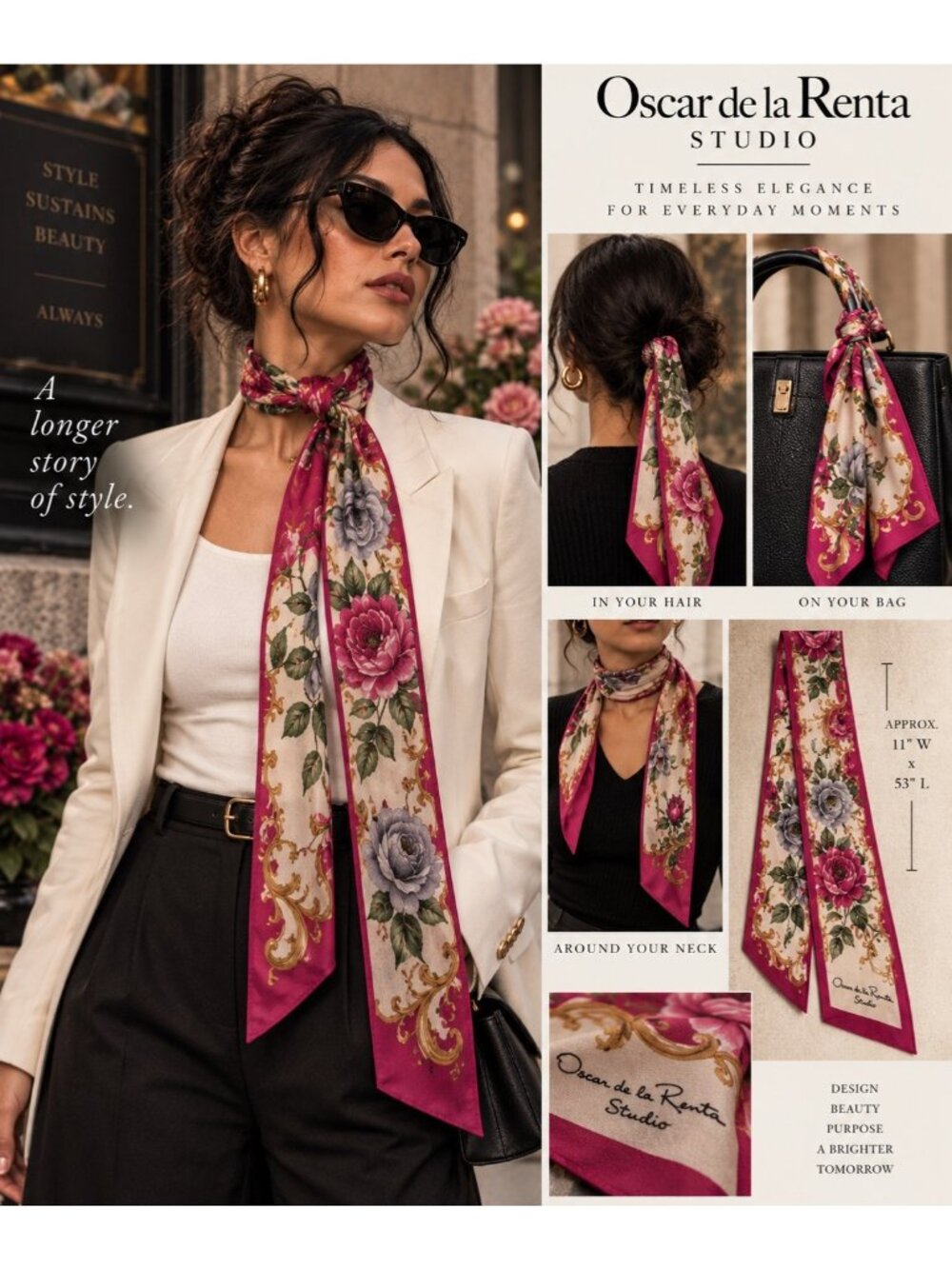 Oscar de la Renta Studio Floral Scarf Fuchsia Gray Gold Long 11x53